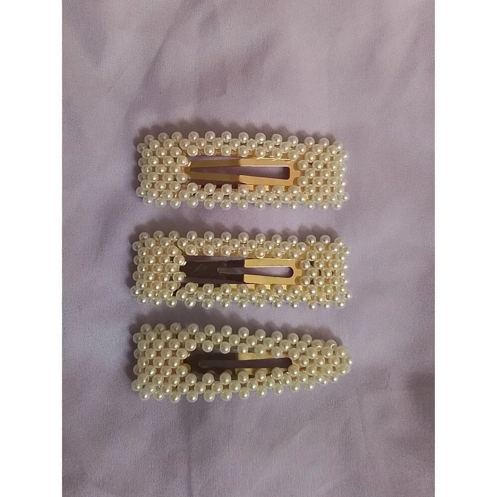 Set Of 3 Faux Pearl-Embellished Hair Clips Barrettes Stylish & Elegant